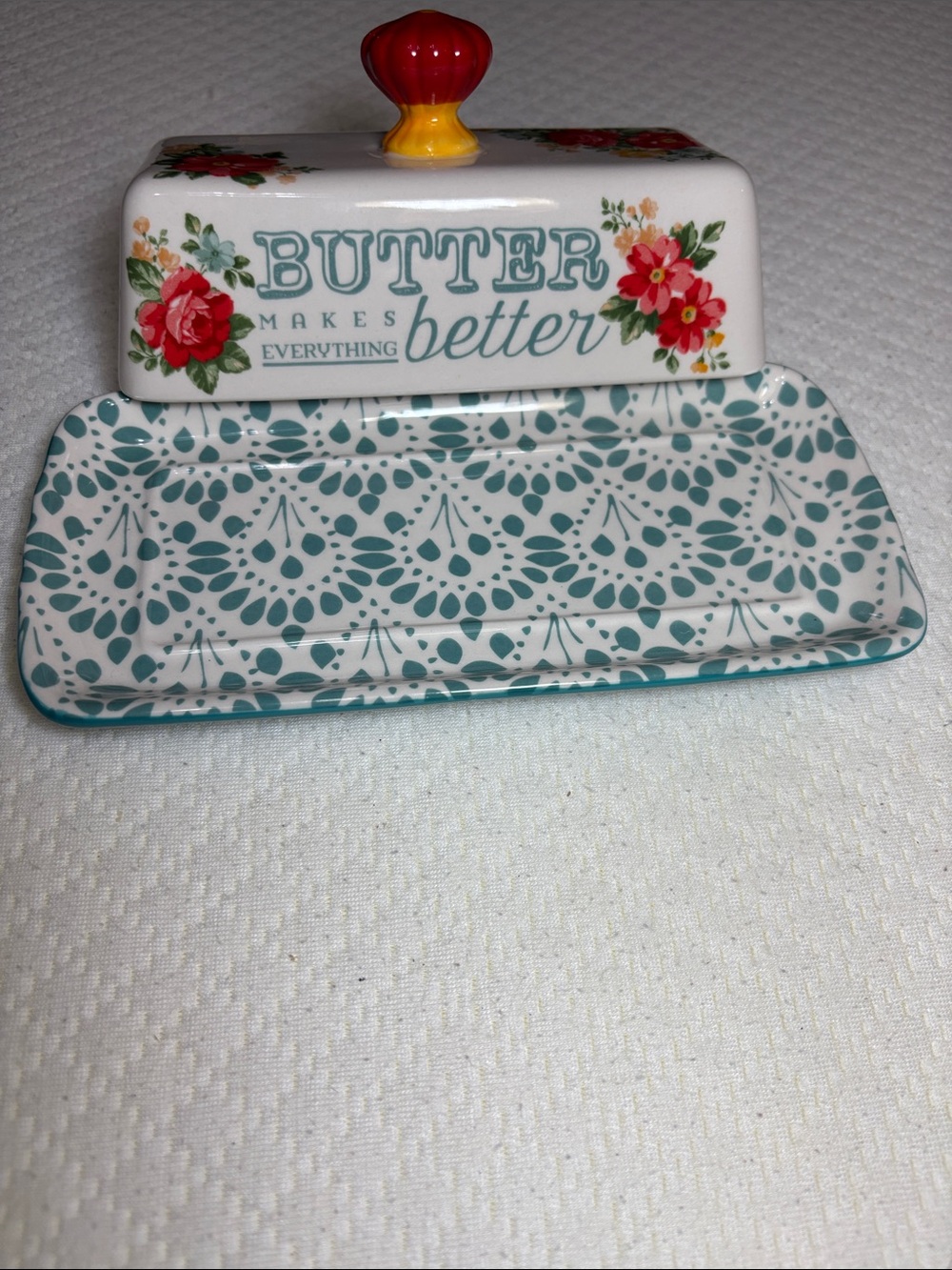 The Pioneer Woman Floral Ceramic Butter Dish with Red Knob